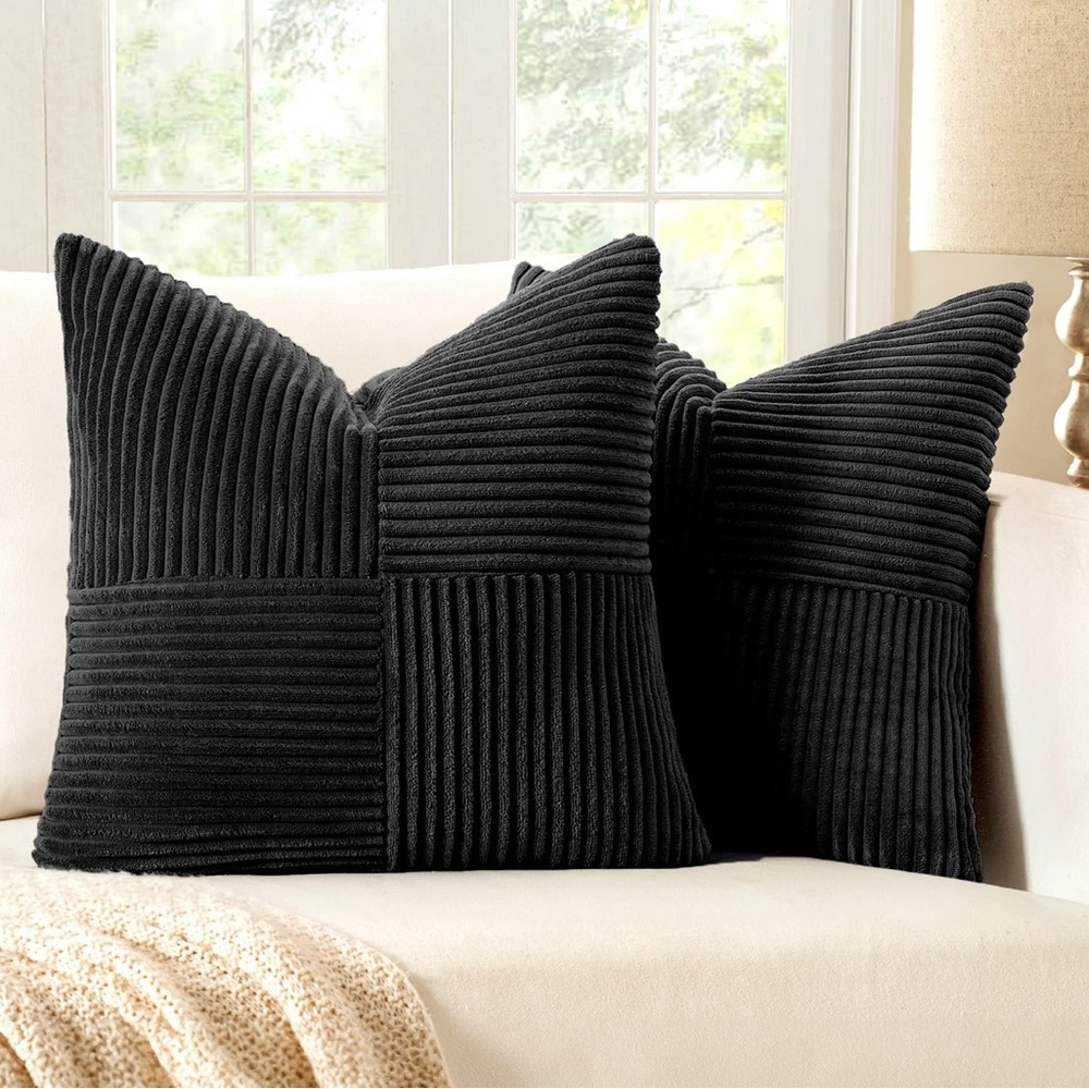 Set of 2, 20x20” Black Corduroy Pillow Covers Pack of 2 Cross Patchwork Textured